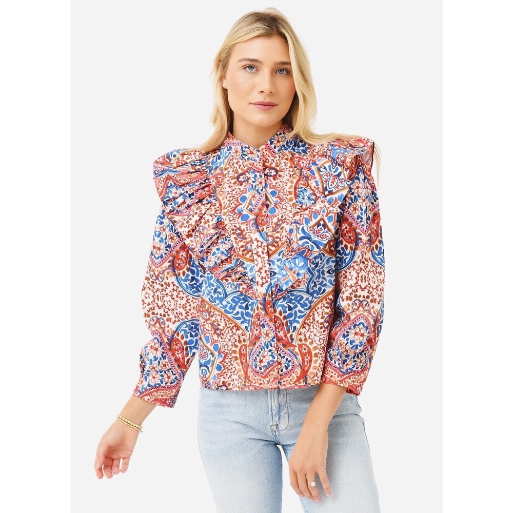 Xirena Callie Top‎ Blue Orange Paisley Ruffle Shoulder Button Front Blouse NWOT